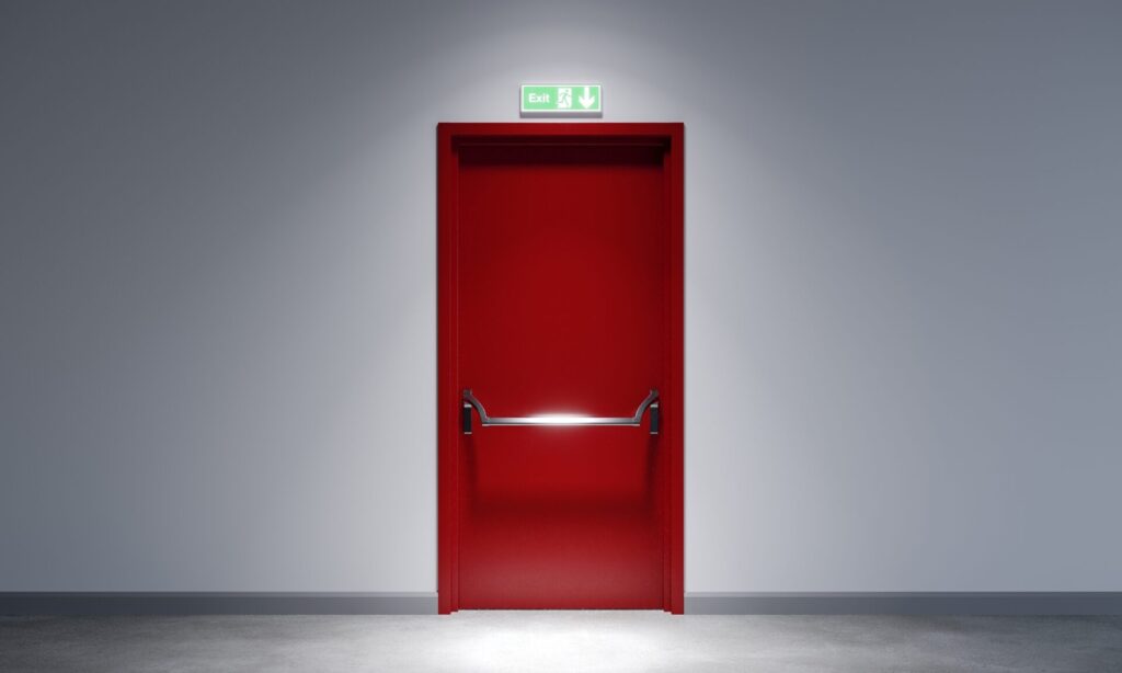 Fire,Exit,Red,Door,In,Concrete,Space,Building.,3d,Rendering