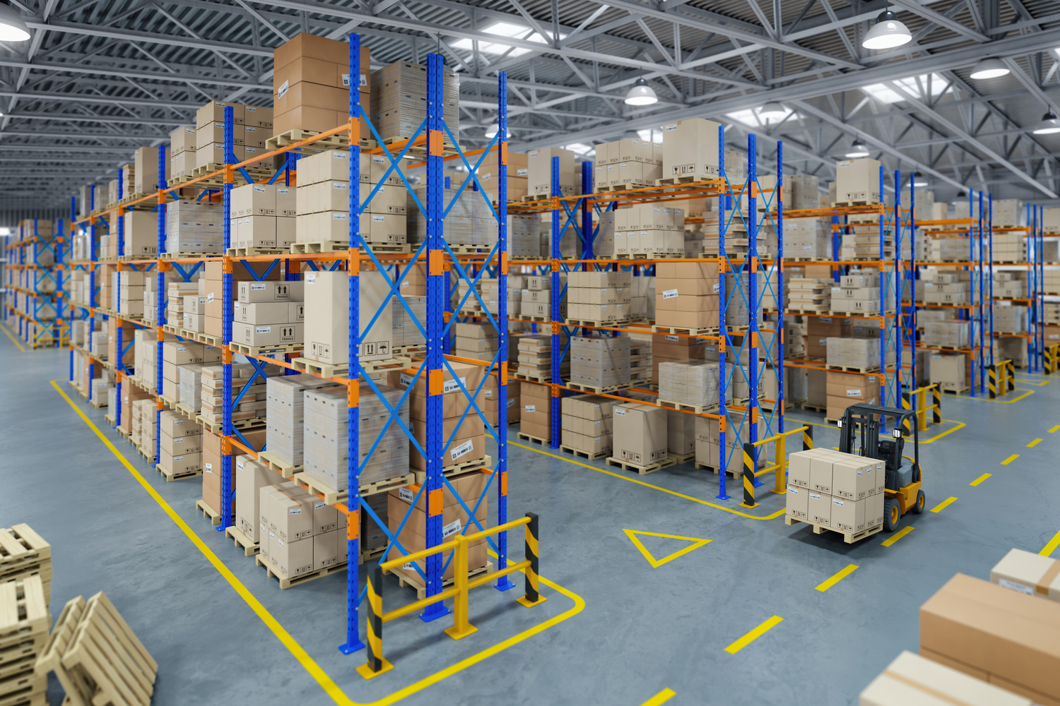 Forklift,Truck,In,Warehouse,Or,Storage,And,Shelves,With,Cardboard